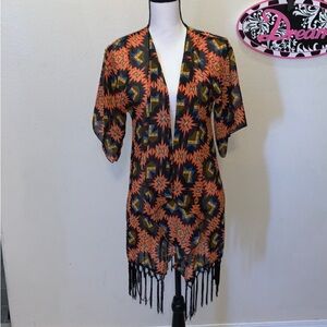 Lularoe simply comfortable Aztec pattern long fringe short sleeve open Cardigan
